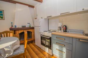 a kitchen with a stove and a counter with a table at Holiday house Punta Blue & Orange 5m from the sea, island Cres in Punta Križa