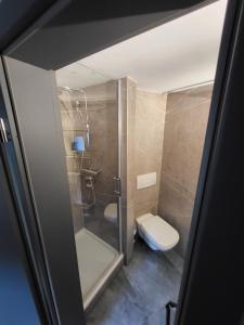 a small bathroom with a toilet and a shower at Hotel CASA ITALIA in Bamberg