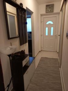 baño con lavabo, espejo y puerta en Your Space, en Donji Stoliv