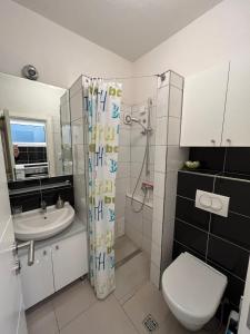 a bathroom with a shower and a toilet and a sink at APARTMANI VIJEĆNICA in Sarajevo