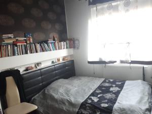 een slaapkamer met een bed en een plank met boeken bij Apartament nad jeziorem w Brodnicy in Brodnica