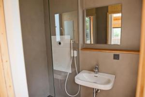 a bathroom with a shower and a sink at Tiny House Nature 15 Zur Meerseite - Green Tiny Village Harlesiel in Carolinensiel +26 photos