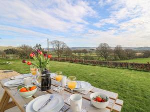 a wooden table with food and drinks on top of a field at Gwynant in Ystrad Meurig