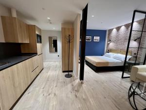 Habitación con 1 cama, cocina y 1 dormitorio. en Aparthotel Luz de Gades - Suites Spa Gym - Adults Only en Cádiz