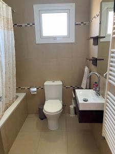 a bathroom with a toilet and a sink and a window at Casa Pernera in Protaras