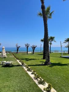 a park with palm trees and a bench and the ocean at Casa Pernera in Protaras