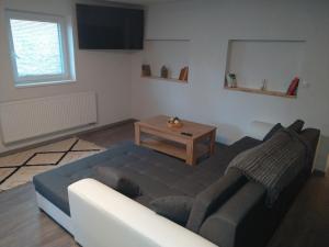 ein Wohnzimmer mit einem Sofa und einem Tisch in der Unterkunft Apartman pod Svatou Horou in Příbram