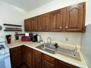 uma cozinha com armários de madeira e um lavatório em Chic Catskills Getaway Bungalow em Hurleyville
