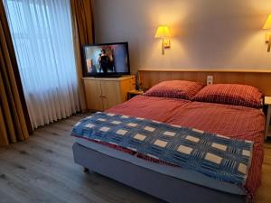 1 dormitorio con 1 cama y TV de pantalla plana en Ostsee-Ferienwohnung-Sellin, en Ostseebad Sellin