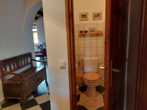 a bathroom with a toilet and a chair in a room at Patak Üdülőház (Ferienhaus) in Nagyvisnyó