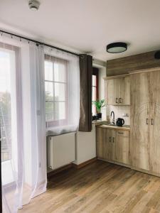 提利茲的住宿－Końska Dolina，一个带木制橱柜和大窗户的厨房
