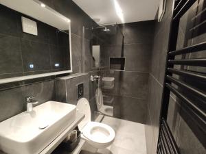 ein Badezimmer mit einem weißen WC und einem Waschbecken in der Unterkunft Apartments Samec in Izola