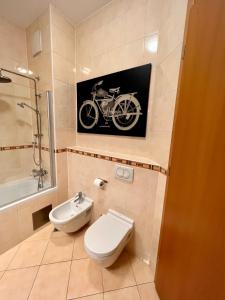 a bathroom with a toilet and a picture of a motorcycle at Condo Casa Di Olivia in Maribor