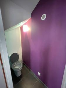 uma casa de banho roxa com um WC e uma luz em Belle maison de ville rénovée em Lavardac