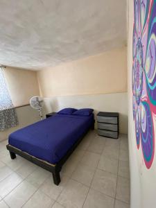 メリダにあるGarra Charruaのベッドルーム1室(青いシーツと壁に絵画付)