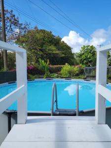 a view of a swimming pool from the porch of a house at THE GOOD LIFE in Christ Church