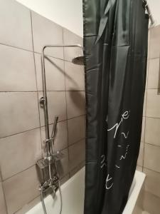 y baño con ducha con cortina negra. en Apartman Lana, en Zablaće