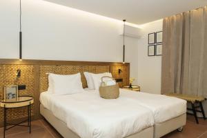 伊兹拉Alkionides Hydra的房间里有一张白色大床的卧室