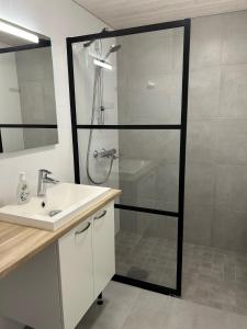 a bathroom with a glass shower and a sink at Nauti Turun jokirannasta, keskustassa, ylin kerros in Turku