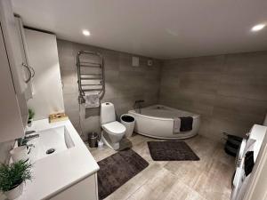 Basement apartment with parking في أوليسوند: حمام مع حوض ومرحاض ومغسلة