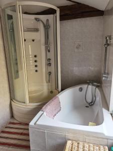 a white bath tub in a bathroom with a shower at chambres d hotes L'agapé in Saint-Martial-sur-Isop