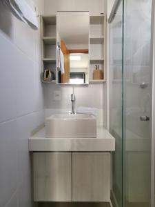 y baño con lavabo y ducha. en Boa Viagem - Charmoso apartamento para casais, en Recife