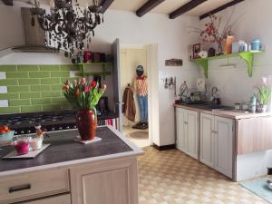 a kitchen with a vase of flowers on the counter at chambres d hotes L'agapé in Saint-Martial-sur-Isop