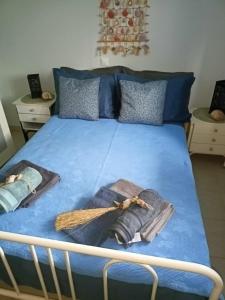 a bed with blue sheets and two towels on it at The House in the Mulberries Trees in Metangítsion