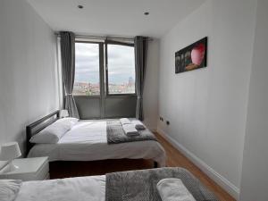 een slaapkamer met 2 bedden en een raam bij Cosy Entire Apartment in WhiteChapel/Commercial Rd in Londen