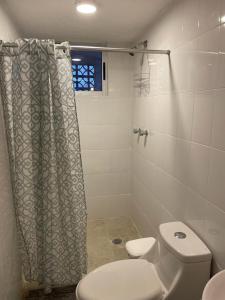 a bathroom with a toilet and a shower curtain at Departamento centro de Boca del Río in Boca del Río
