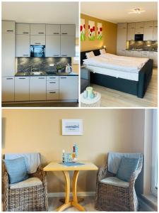 - deux photos d'une chambre d'hôtel avec un lit et une table dans l'établissement Strand-Butze 9206 Yachthafenresidenz, à Kühlungsborn