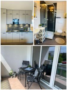 Il comprend une cuisine et un salon avec une table. dans l'établissement Strand-Butze 9206 Yachthafenresidenz, à Kühlungsborn
