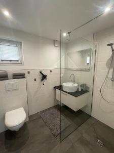 een badkamer met een toilet, een wastafel en een douche bij Ferienhaus Wehretal 