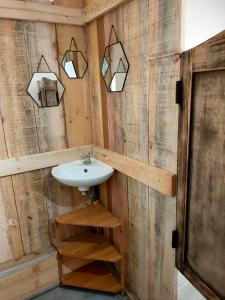 a bathroom with wooden walls and a sink and lights at Cabane des pachous in Tourves