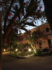 un bâtiment avec des lumières devant lui la nuit dans l'établissement Banos Apartments and swimming pool, à Roda