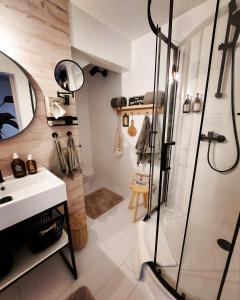 a bathroom with a shower and a sink at Koje1 in Bremm