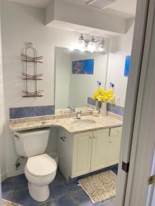a bathroom with a toilet and a sink and a mirror at Park side 2 Bed 2 Bath suite in Kelowna