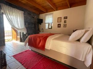 a bedroom with a large bed with a red blanket at Terra Petra Villa at Psari Trikolonon Gortynia in Psárion