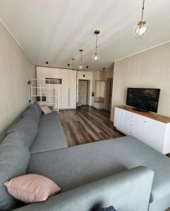 ルツカイにあるDream Town,залізничний вокзалのリビングルーム(灰色のソファ、テレビ付)