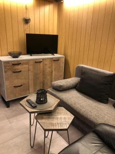 sala de estar con sofá y TV de pantalla plana en Ferienwohnung Pusteblume, en Alpirsbach