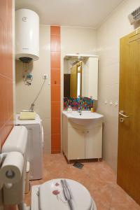 a bathroom with a sink and a toilet and a mirror at Lungo Mare Apartment with Terrace in Pula