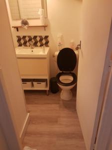a bathroom with a black toilet and a sink at Studio le Grimaldi Menton in Menton