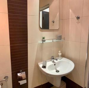 a bathroom with a sink and a mirror at Comfy & Stylish in Varna City