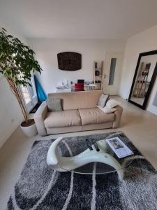 Port de Riberou في ساوجون: غرفة معيشة مع أريكة وطاولة