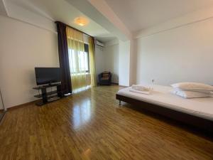- une chambre avec un lit et une télévision à écran plat dans l'établissement TANIA Lake Apartments, à Mamaia