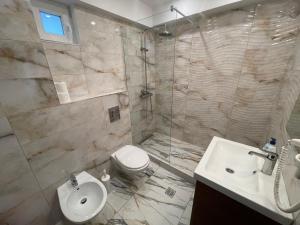 La salle de bains est pourvue de toilettes, d'un lavabo et d'une douche. dans l'établissement TANIA Lake Apartments, à Mamaia