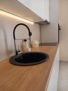 a kitchen counter with a black sink in a kitchen at Lux Apartment Jovanovic in Tivat