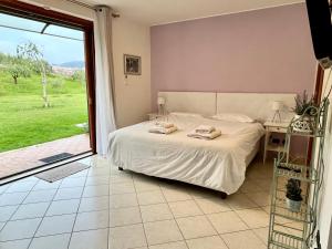 een slaapkamer met een bed en een groot raam bij Cape House in Albano Laziale