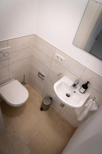 La salle de bains est pourvue de toilettes blanches et d'un lavabo. dans l'établissement Design Apartment Alpenvorstadt, à Holzkirchen