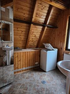 y baño con nevera y lavamanos. en Casa Edenland Doftana, en Trăisteni